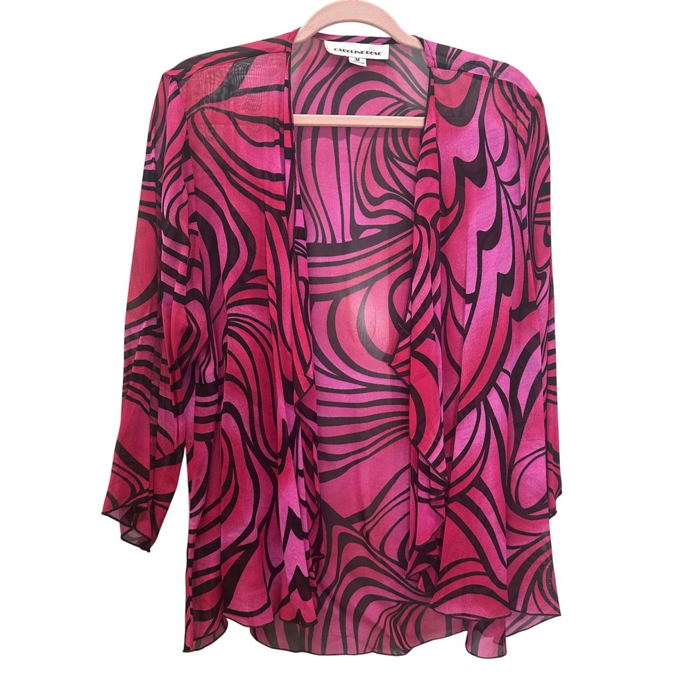 Caroline Rose Pink Black Abstract Swirl Open Front Cardigan Topper M USA